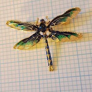 Sapphire Gem And Enamel Dragonfly Gold Brooch in Blue and Green